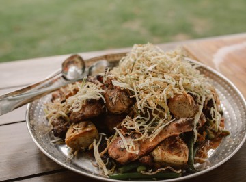 Wood roasted heritage chickens with leek and garlic mustard.