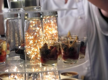 Dessert Sideboard- styled by K & M<br />
Dark chocolate, gold leaf, salted caramel pots<br />
Lemon tart with passionfruit pastry <br />
Little glass fresh berry verrine with praline<br />
Sticky gingerbread with Windsor blue & pickled figs<br />
