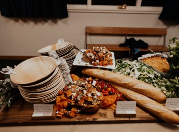 Roasted kumara, squash and carrots with pomegranate vinaigrette, crumbled feta and seed clusters <br />
