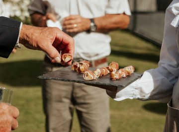 Prosciutto wrapped pear and blue cheese.