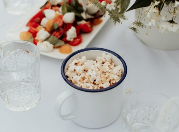 Enamel mugs of beef fat popcorn, this was created special for Jacqui & Andy’s, it is a homage to their favourite restaurant, Flat Iron, in London.