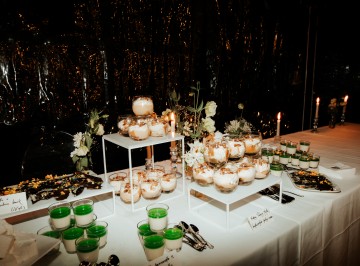 Dessert Sideboard<br />
Little vanilla pannacotta with green apple jelly<br />
Baby banoffee pies with Italian meringue<br />
White & dark chocolate bark with rose & pistachio<br />
Homemade gin and tonic marshmallows<br />
Hokey pokey trifle, butterscotch pastry cream<br />
