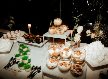 Dessert Sideboard<br />
Little vanilla pannacotta with green apple jelly<br />
Baby banoffee pies with Italian meringue<br />
White & dark chocolate bark with rose & pistachio<br />
Homemade gin and tonic marshmallows<br />
Hokey pokey trifle, butterscotch pastry cream<br />
